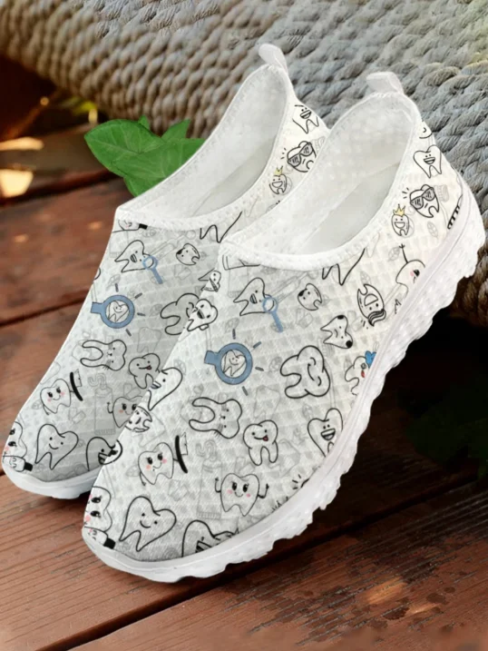 Women'S Fashion Tennis Shoes - Sneakers Bianche con Stampa di Denti